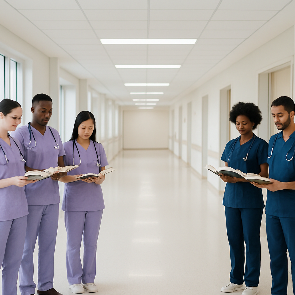 Diverse nursing students and professionals learning together in a hospital